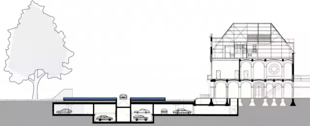 ▽ 主体建筑,地下停车场,水池剖面图